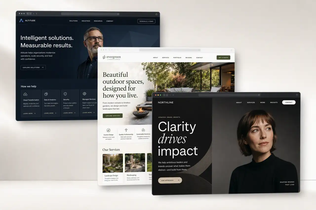 Three client websites designed by Techy Toes, shown side by side