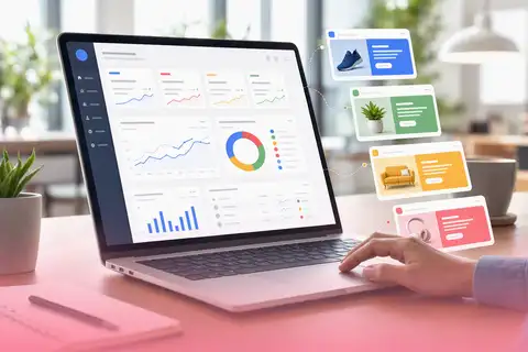 Paid search performance dashboard showing cost per lead and conversion trends on a monitor in a modern office