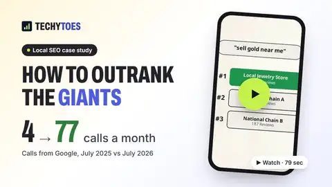 Local SEO case study cover: how to outrank the giants, 4 to 77 calls a month, with a phone showing a local jewelry store ranked #1 above two national chains for sell gold near me