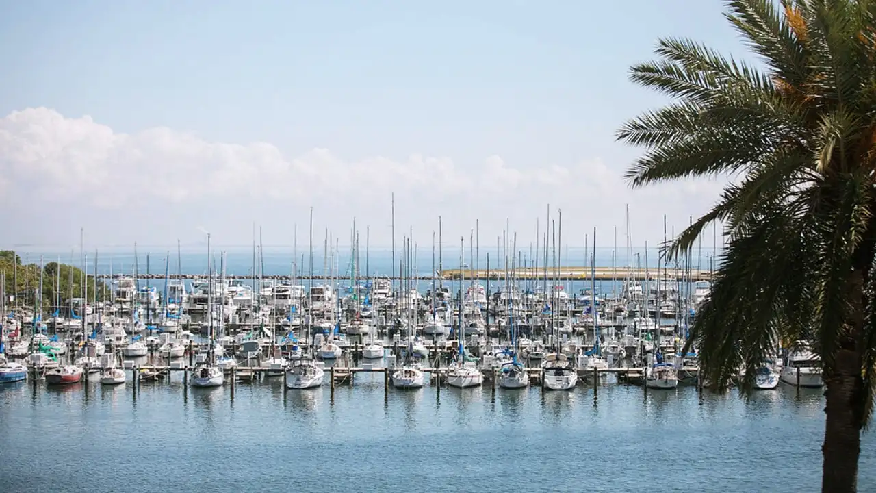 The St. Petersburg, Florida downtown waterfront and skyline seen from Tampa Bay on a clear day